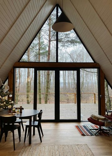 Living room overlooking a forest