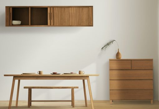 Wooden furniture in minimal dining room interior design